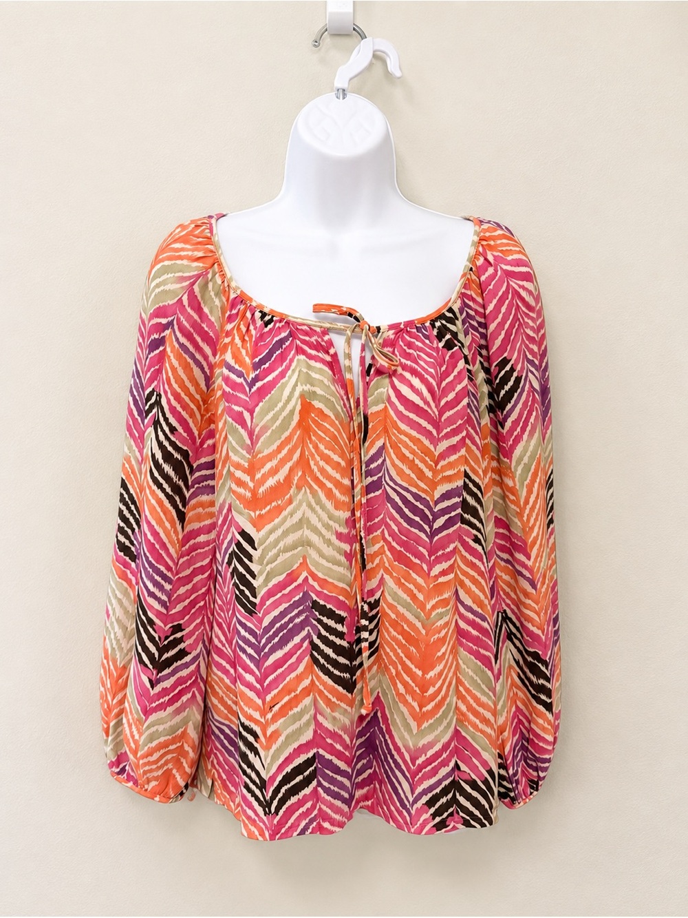 Trina Turk EUC Kamila Silk Blouse Pink Orange Brown Medium Boho